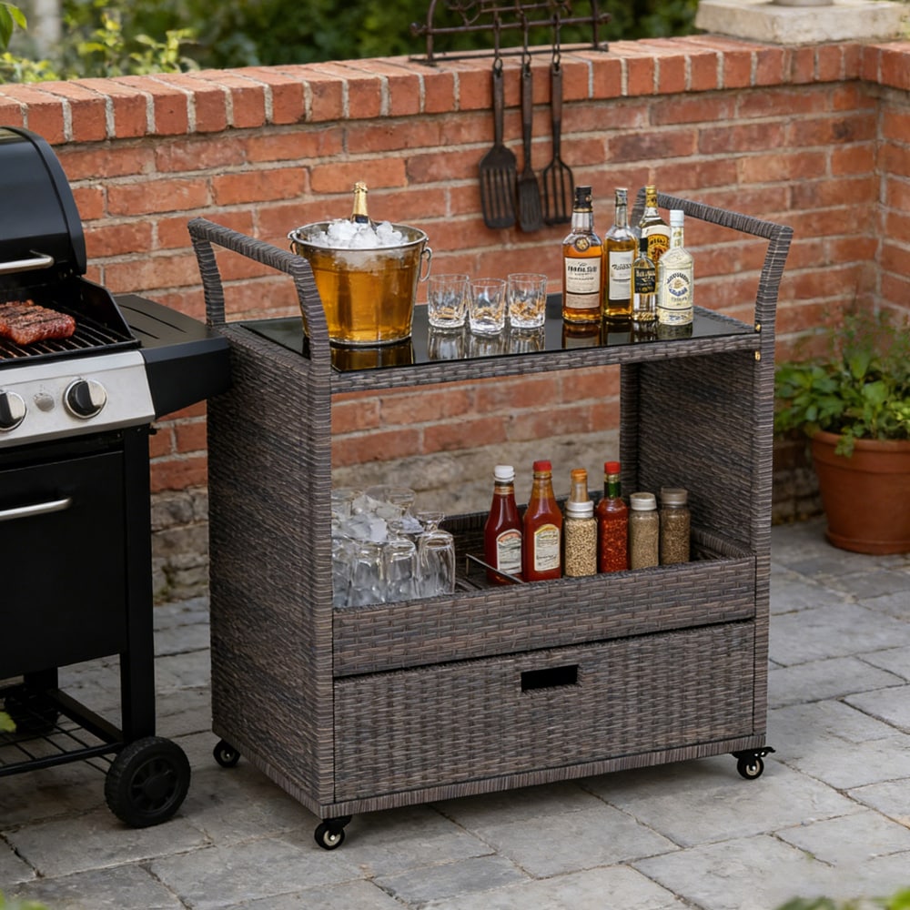 Outdoor Wicker Bar Cart With Tempered Glass Top And Wheels_voghion.com